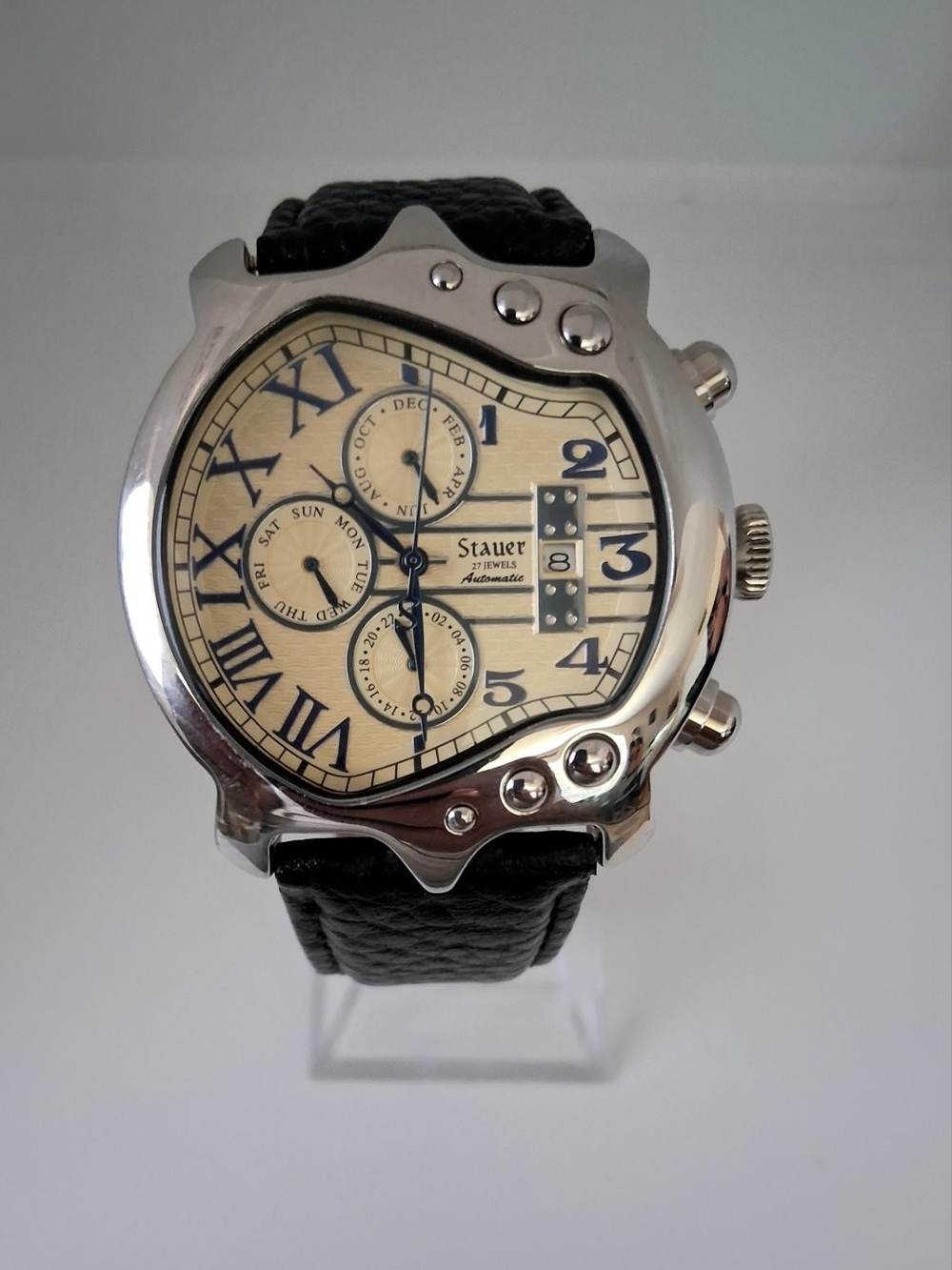 Stauer Men's Automatic Watch - Cream Dial, Black Leather Strap